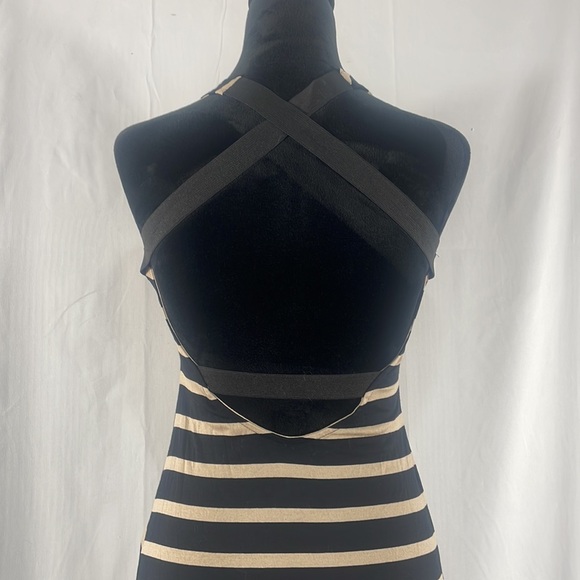 Stripe Black,Cream, MIdi dress, open back, V slit up front, Small - Picture 4 of 9